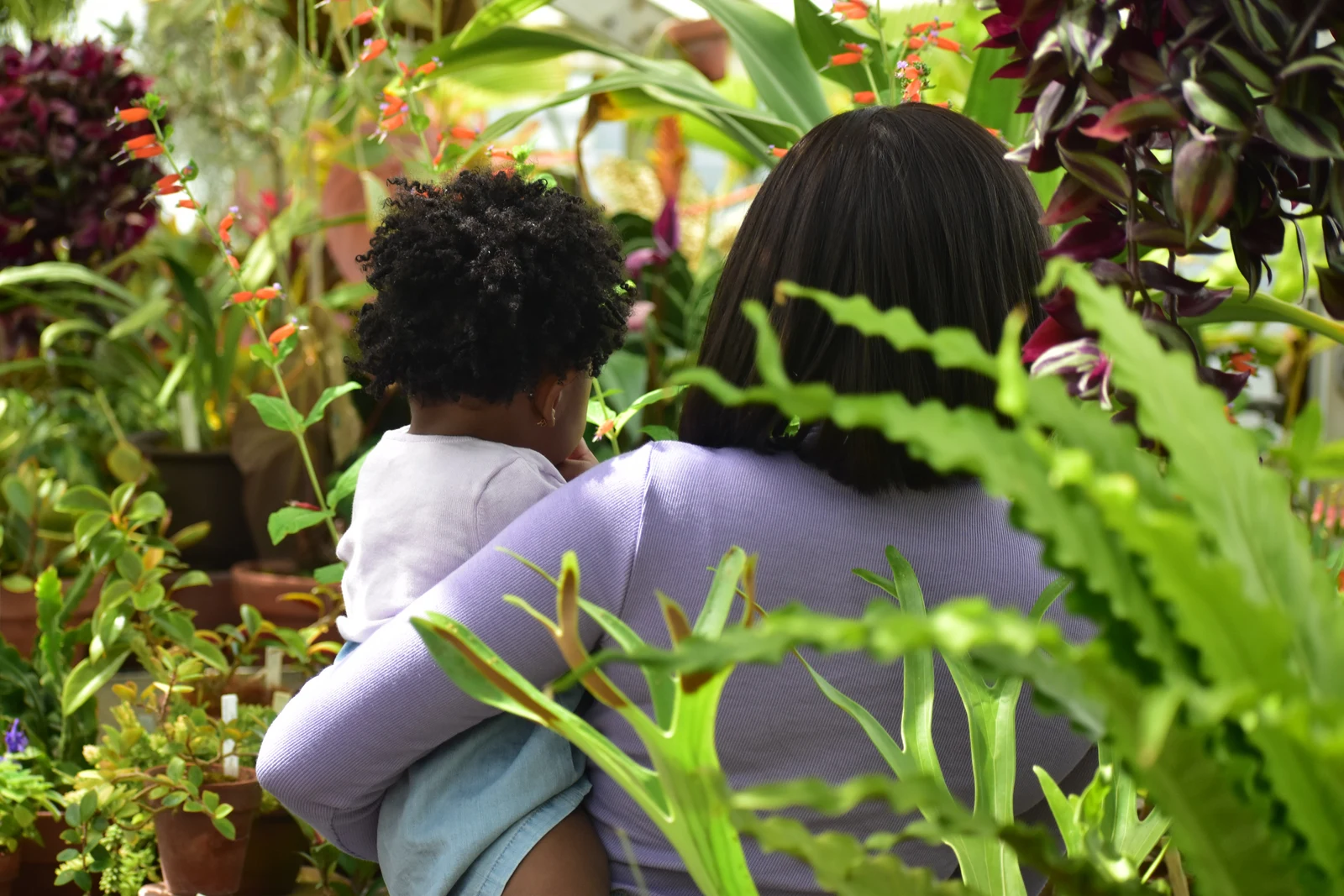 A mother holding her toddler among greenhouse plants